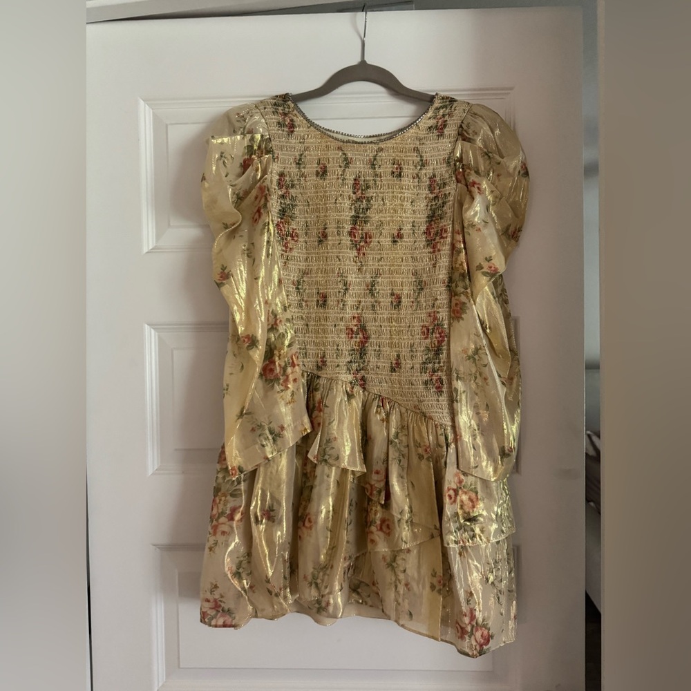 LoveShackFancy Cream and Red Textured Floral Top